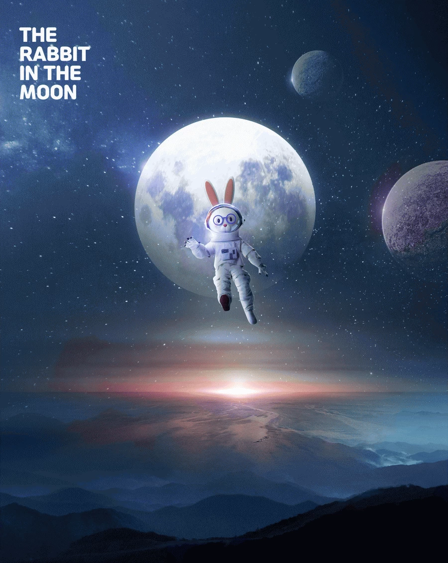 卡通趣味兔年宇航员宇宙星球兔子主视觉KV海报PSD分层设计素材【013】